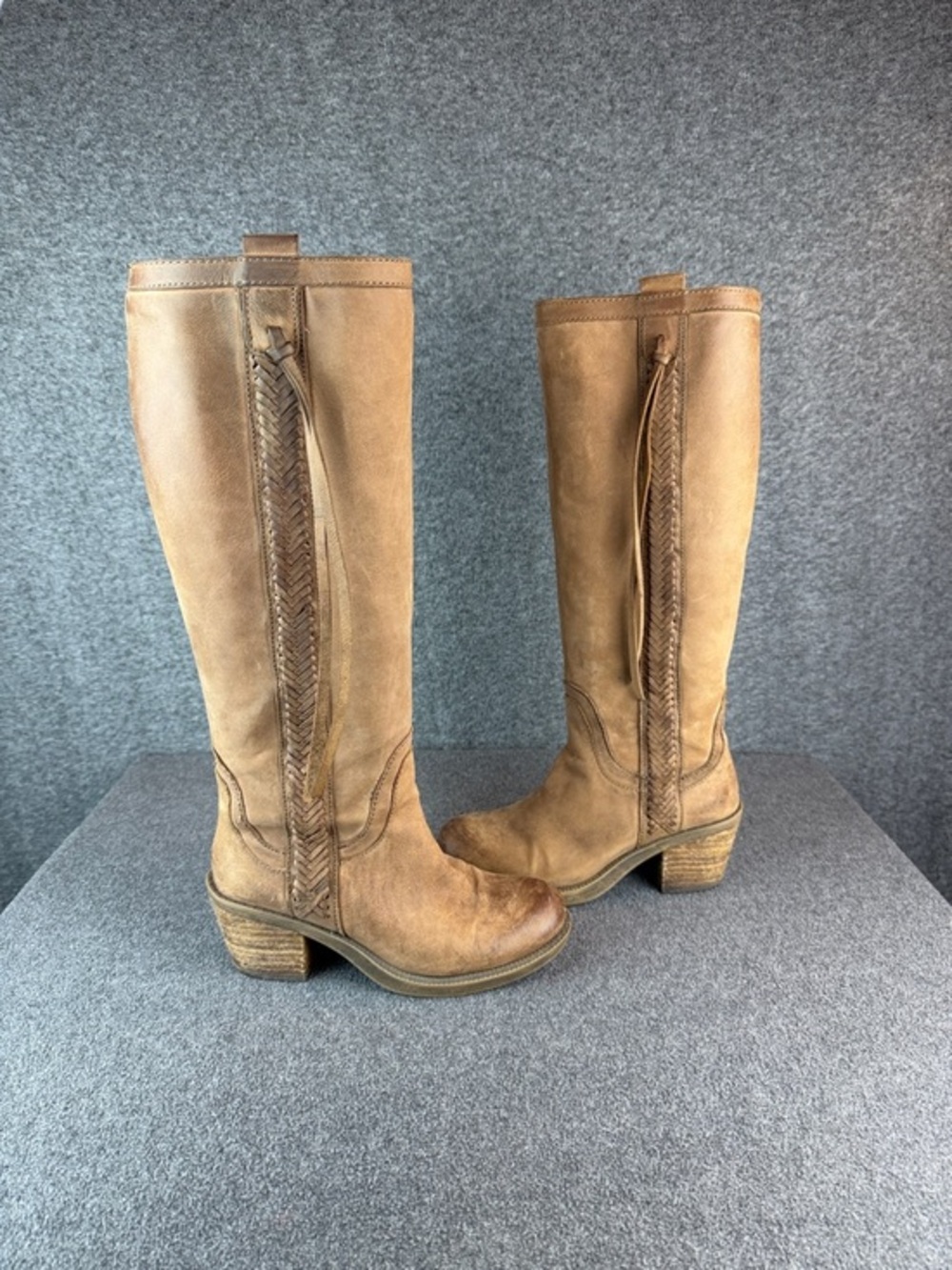 Nine West Vintage America Tall Brown Leather Braided‎ Trim Boots Women 5.5